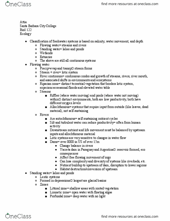 BIOL 122 Chapter Notes - Chapter 5: Santa Barbara City College, Limnetic Zone, Profundal Zone thumbnail