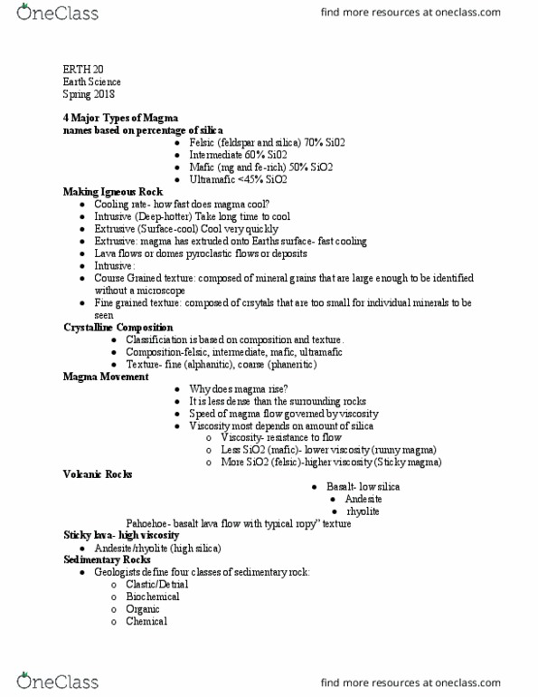 ERTH 20 Lecture Notes - Lecture 18: Phanerite, Extrusive Rock, Viscosity thumbnail