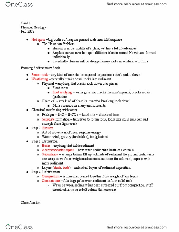 GEOL 1 Lecture Notes - Lecture 11: Feldspar, Silt, Parent Rock thumbnail