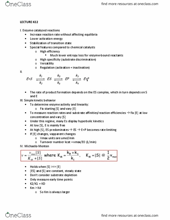 MCELLBI C110L Lecture Notes - Lecture 22: Turnover Number, Enzyme Kinetics, Dissociation Constant thumbnail