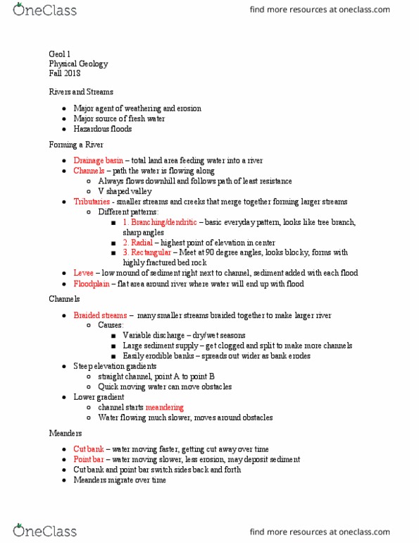 GEOL 1 Lecture Notes - Lecture 26: Drainage Basin, Cut Bank, Point Bar thumbnail