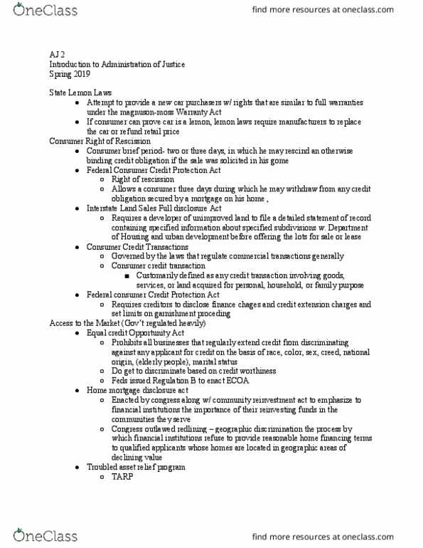 AJ 2 Chapter Notes - Chapter 1: Equal Credit Opportunity Act, Transunion, Troubled Asset Relief Program thumbnail