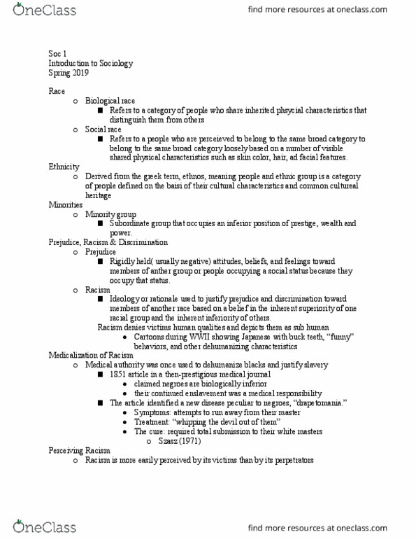 SOC 1 Lecture Notes - Lecture 29: Drapetomania, Stamen, Ethnic Group thumbnail