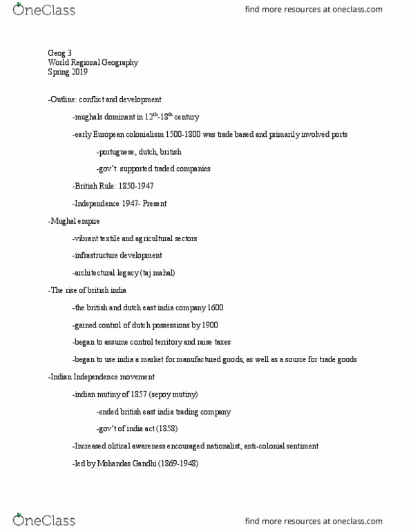 GEOG 3 Lecture Notes - Lecture 21: Partition Of India, Mughal Empire, Mahatma Gandhi thumbnail