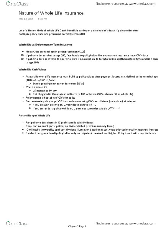 MTHEL131 Chapter Notes - Chapter 5: Whole Life Insurance, Life Insurance, Term Life Insurance thumbnail