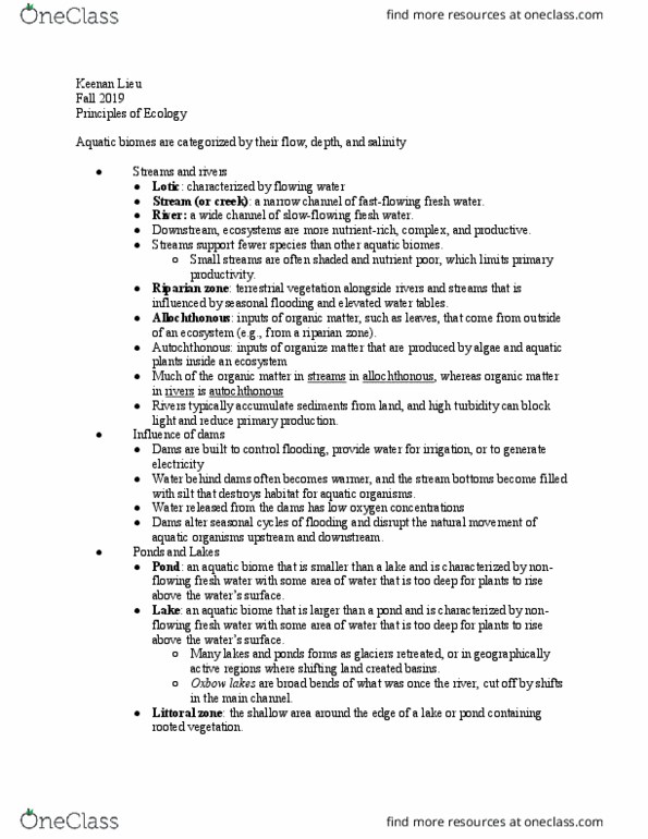 BIO-8 Lecture Notes - Lecture 16: Riparian Zone, Littoral Zone, Allochthon thumbnail