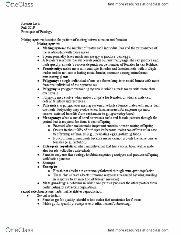 BIO-8 Lecture Notes - Lecture 24: Frequency-Dependent Selection, Promiscuity, Bluethroat thumbnail