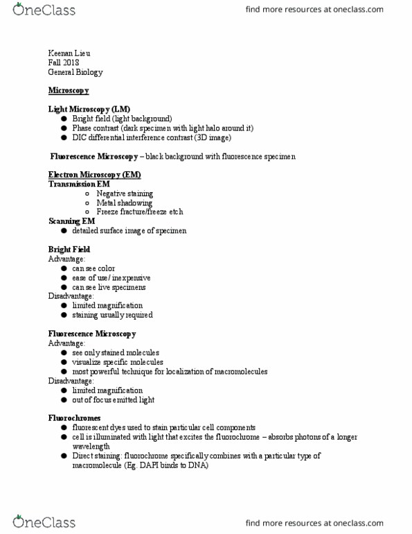 BIO-1 Lecture Notes - Lecture 1: Differential Interference Contrast Microscopy, Transmission Electron Microscopy, Fluorophore thumbnail