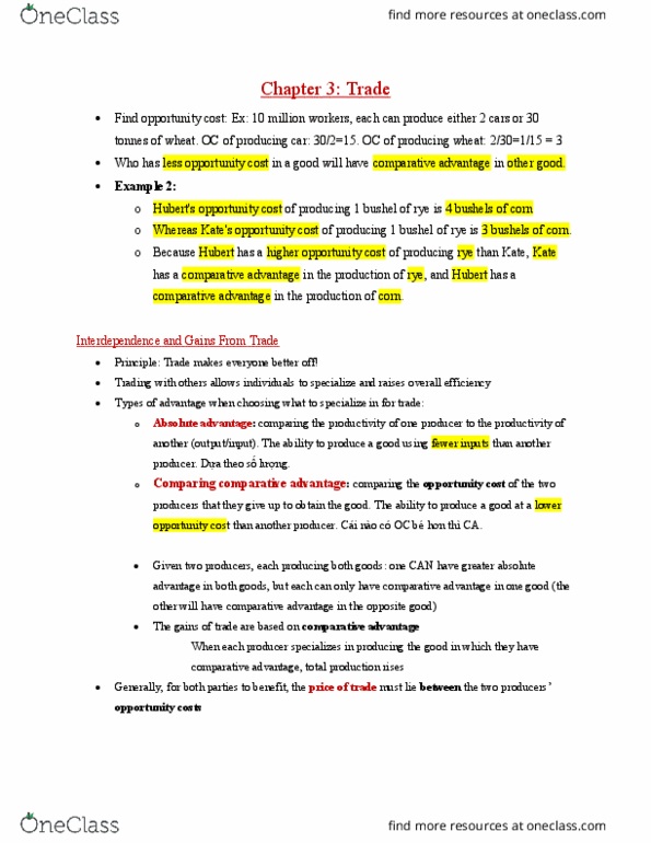 ECON 1001 Lecture Notes - Lecture 3: Comparative Advantage, Opportunity Cost, Absolute Advantage thumbnail