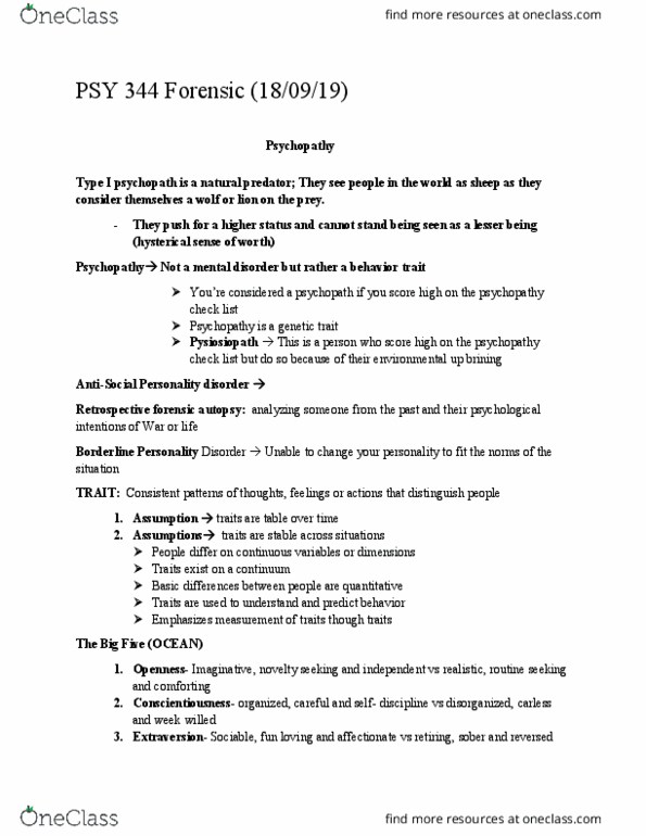 PSY344H5 Lecture Notes - Lecture 2: Psychopathy Checklist, Novelty Seeking, Psychopathy thumbnail