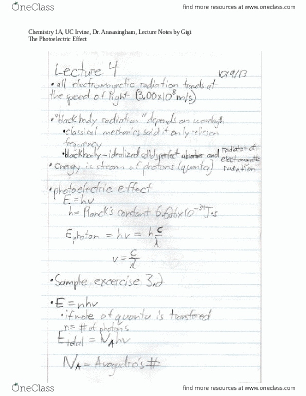 CHEM 1A Lecture Notes - Matter Wave, Black-Body Radiation, Photon thumbnail