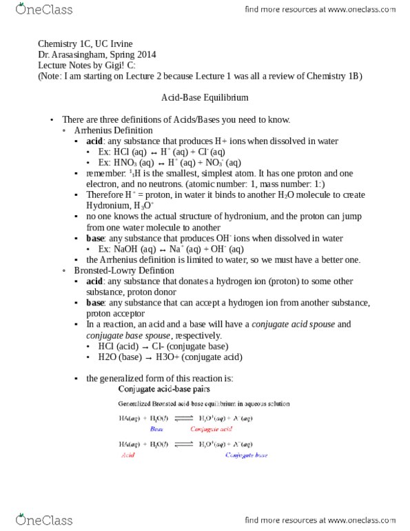 CHEM 1C Lecture Notes - Lecture 2: Atomic Number, Sodium Hydroxide, Conjugate Acid thumbnail