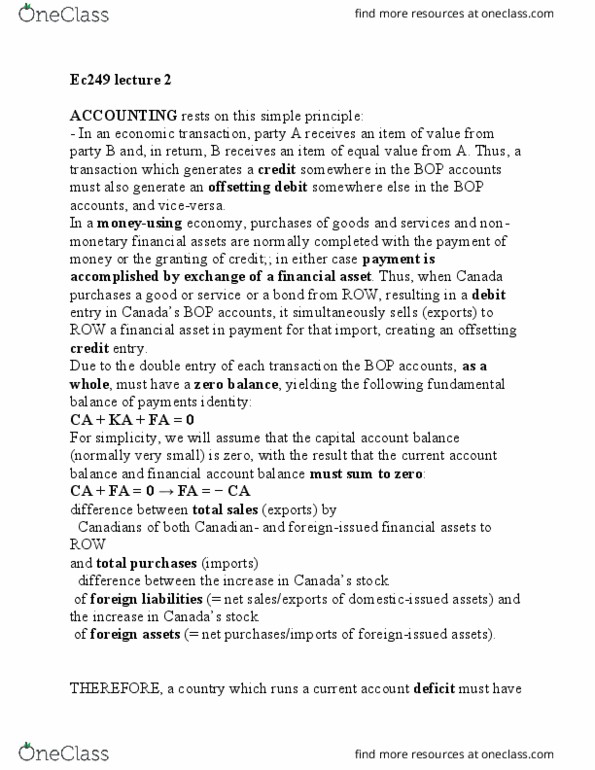 EC249 Lecture Notes - Lecture 2: Canadian Dollar, Capital Account, United States Dollar thumbnail