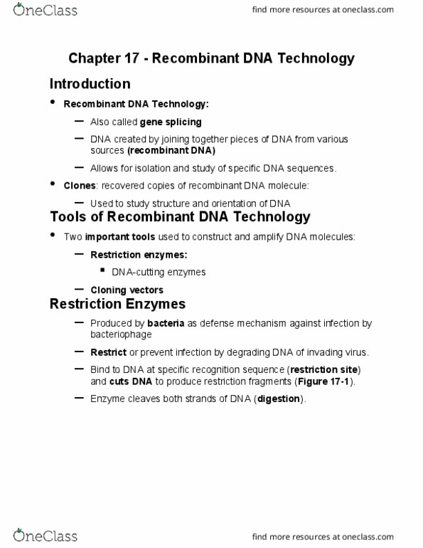 GEN-3000 Lecture Notes - Lecture 17: Recombinant Dna, Molecular Cloning, Restriction Enzyme thumbnail