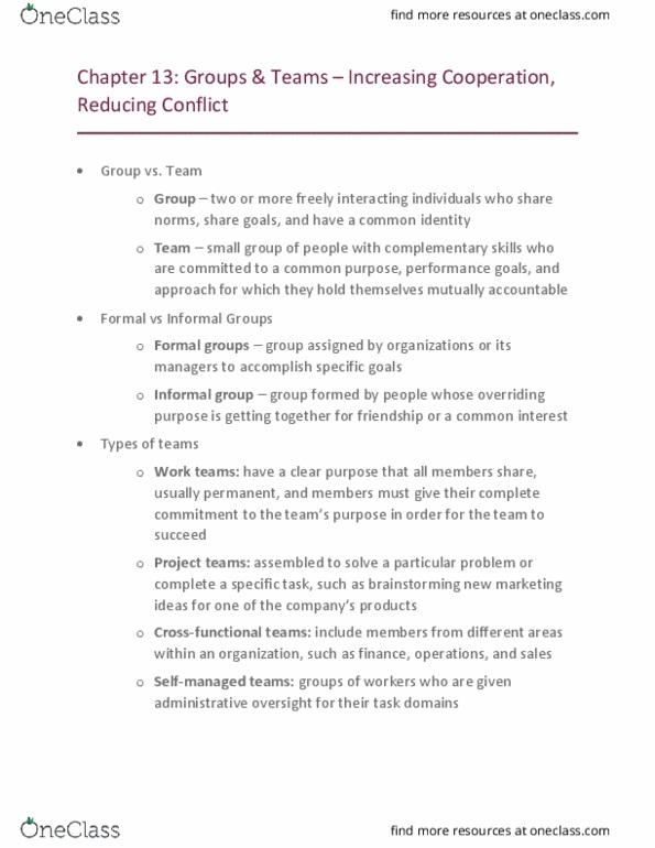 MGT-2010 Lecture 11: Chapter 13- Groups & Teams – Increasing Cooperation, Reducing Conflict thumbnail