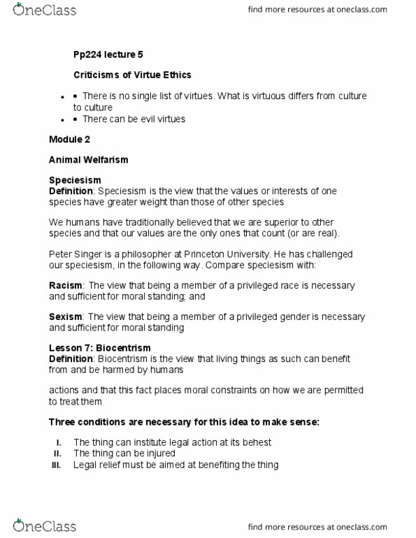 PP224 Lecture Notes - Lecture 5: Anthropocentrism, Sentience, Welfarism thumbnail