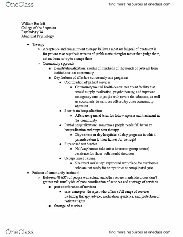 PSY 034 Lecture Notes - Lecture 22: Play Therapy, Partial Hospitalization, Deinstitutionalisation thumbnail