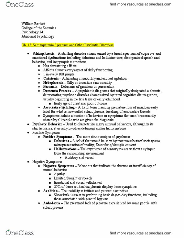 PSY 034 Chapter Notes - Chapter 13: Schizotypal Personality Disorder, Dsm-5, Avolition thumbnail