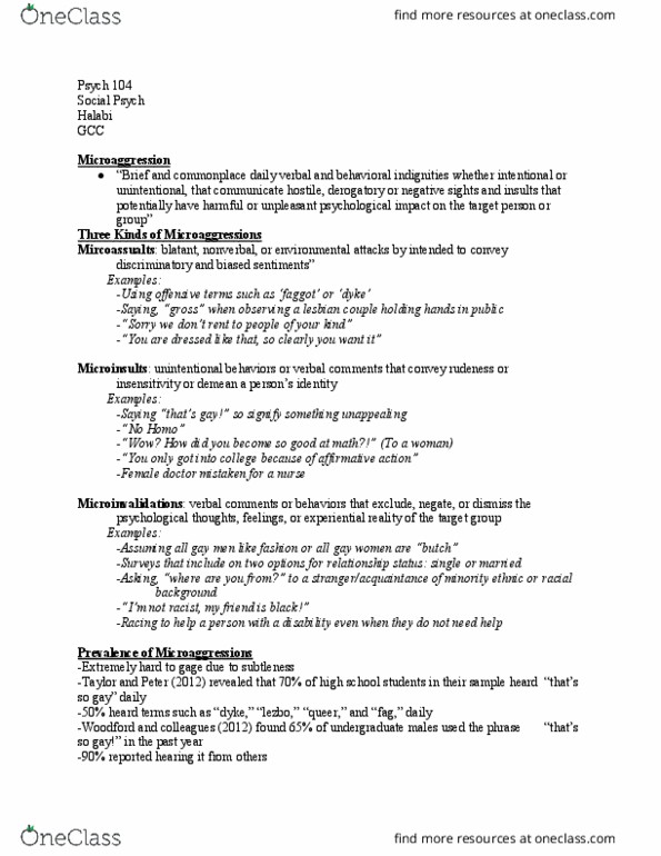 PSYCH 104 Lecture Notes - Lecture 32: Microaggression Theory, Psych, Posttraumatic Stress Disorder thumbnail