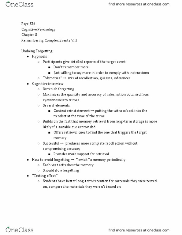 PSYC 336 Lecture Notes - Lecture 8: Cognitive Interview, Hypnosis thumbnail