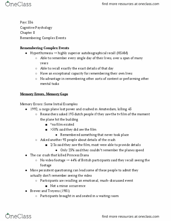 PSYC 336 Lecture Notes - Lecture 8: Hyperthymesia thumbnail