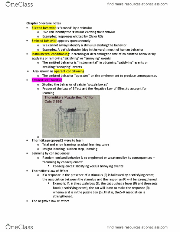 PSYC 41043 Lecture Notes - Lecture 5: Operant Conditioning Chamber, Belongingness, Operant Conditioning thumbnail