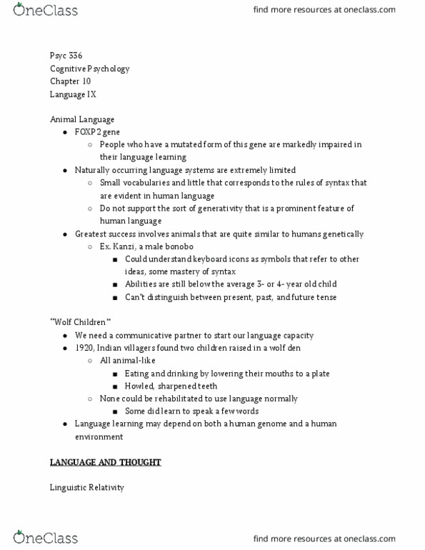 PSYC 336 Lecture Notes - Lecture 10: Kanzi, Foxp2, Bonobo thumbnail
