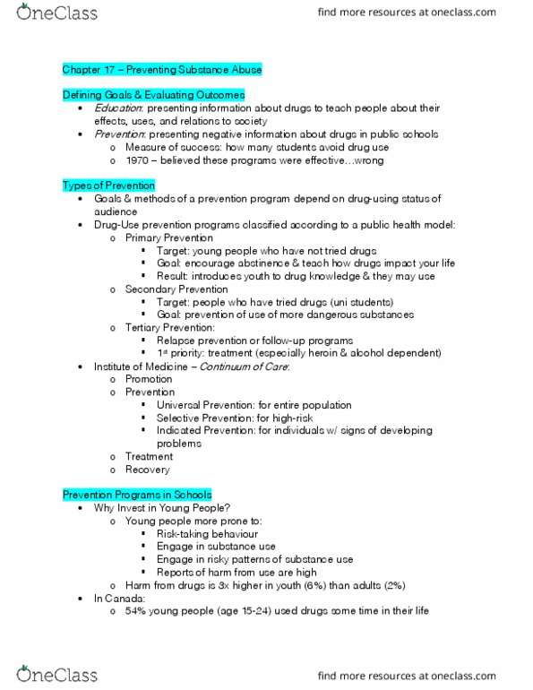 PS268 Chapter Notes - Chapter 17: Substance Abuse, Relapse Prevention, Substance Dependence thumbnail