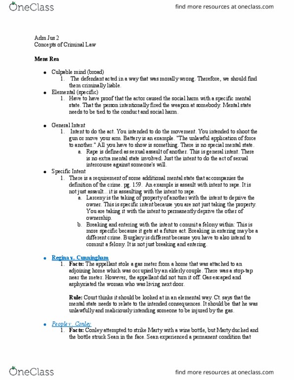 ADM JUS 2 Lecture Notes - Lecture 11: Mens Rea, Burglary, Wine Bottle thumbnail