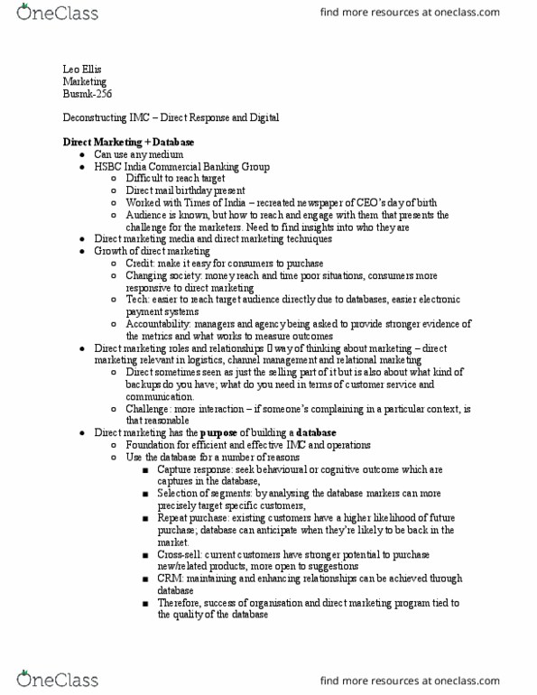 BUSMK-256 Lecture Notes - Lecture 10: Flowchart, Advertising Mail, Direct Marketing thumbnail