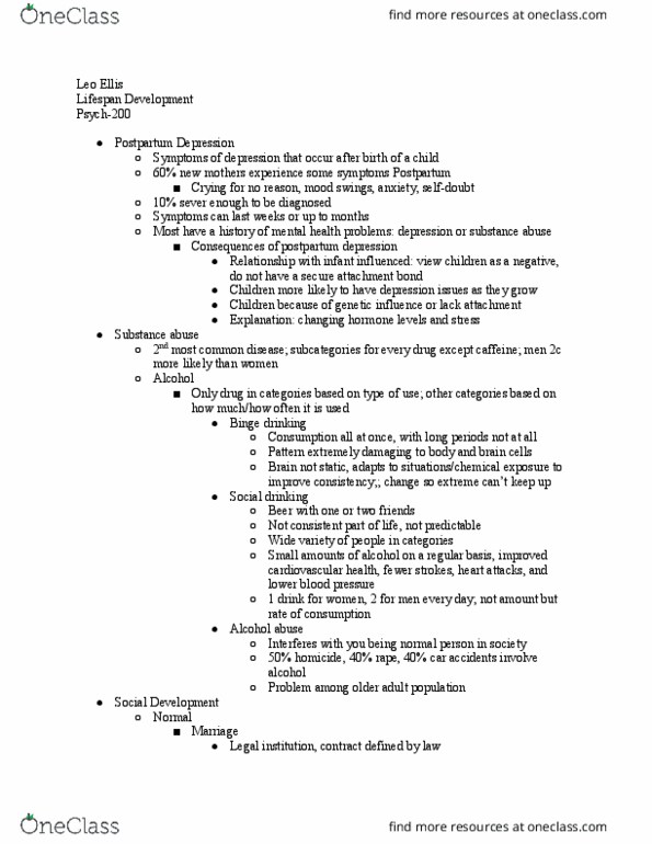PSYCH-200 Lecture Notes - Lecture 20: Postpartum Depression, Binge Drinking, Substance Abuse thumbnail