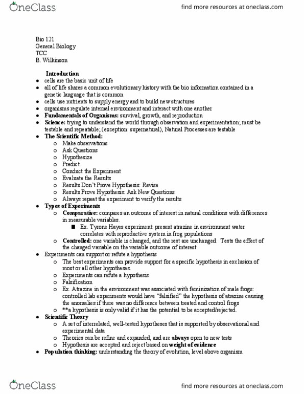 BIO 121 Lecture Notes - Lecture 1: Tyrone Hayes, Atrazine, Hypothesis thumbnail