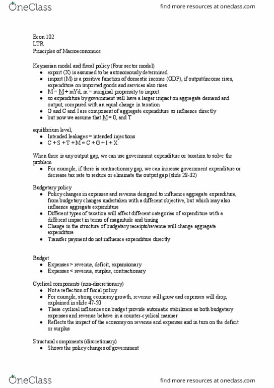 ECON 102 Lecture Notes - Lecture 28: Output Gap, Aggregate Demand, Transfer Payment thumbnail