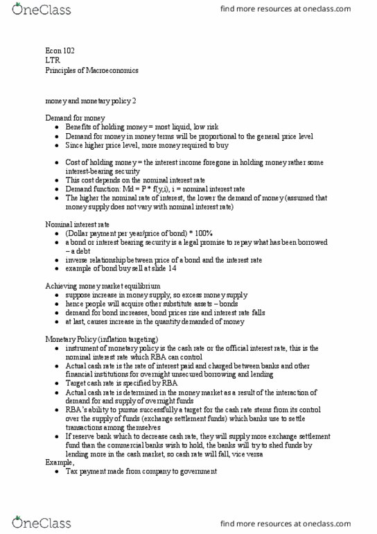 ECON 102 Lecture Notes - Lecture 30: Real Interest Rate, Money Supply, Nominal Interest Rate thumbnail