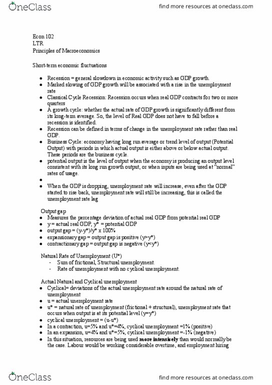 ECON 102 Lecture Notes - Lecture 25: Unemployment, Output Gap, Potential Output thumbnail