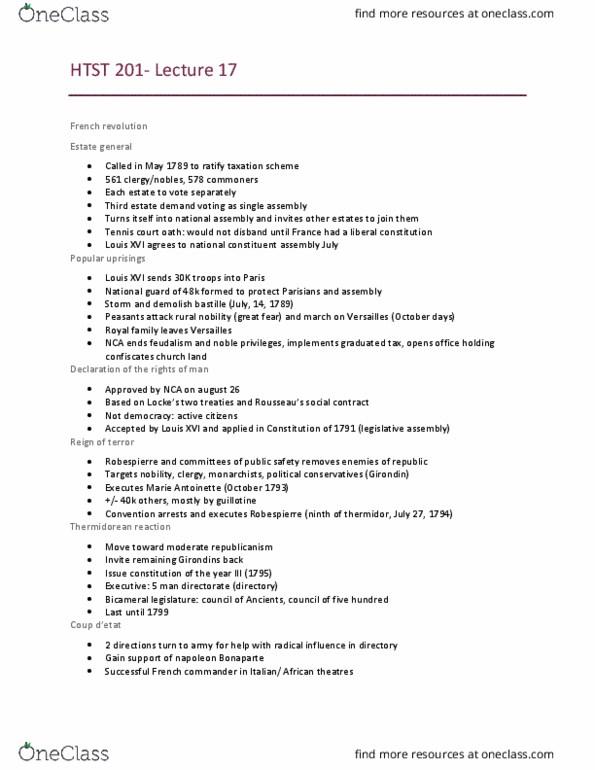 HTST 201 Lecture Notes - Lecture 17: Tennis Court Oath, Thermidorian Reaction, Bicameralism thumbnail