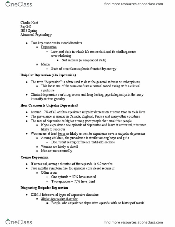 PSY 245 Lecture Notes - Lecture 13: Dsm-5, Mania, Psy thumbnail