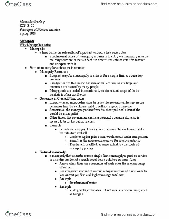 ECN E102 Lecture Notes - Lecture 32: Fixed Cost, Marginal Cost, Natural Monopoly thumbnail