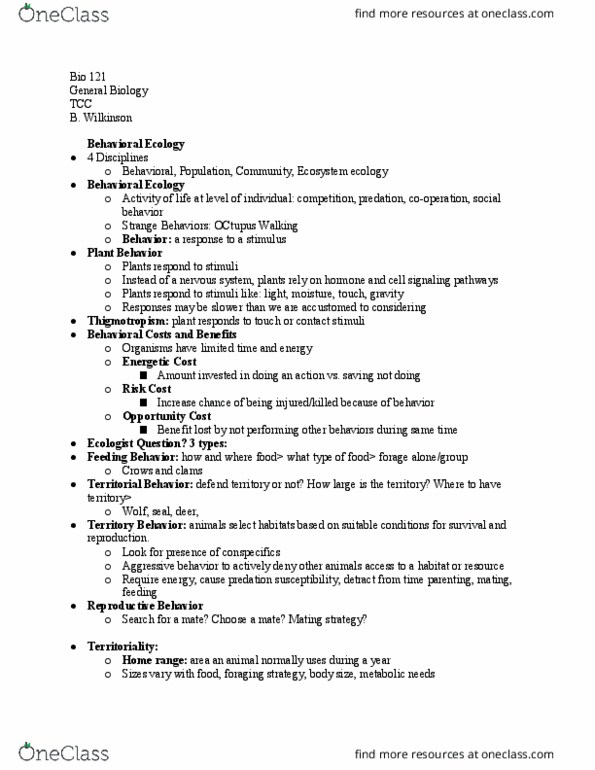 BIO 121 Lecture Notes - Lecture 16: Opportunity Cost, Reciprocal Altruism, Proximate And Ultimate Causation thumbnail