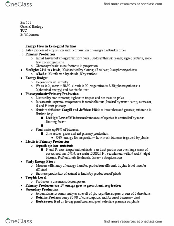 BIO 121 Lecture Notes - Lecture 31: Energy Flux, Chemosynthesis, Eutrophication thumbnail