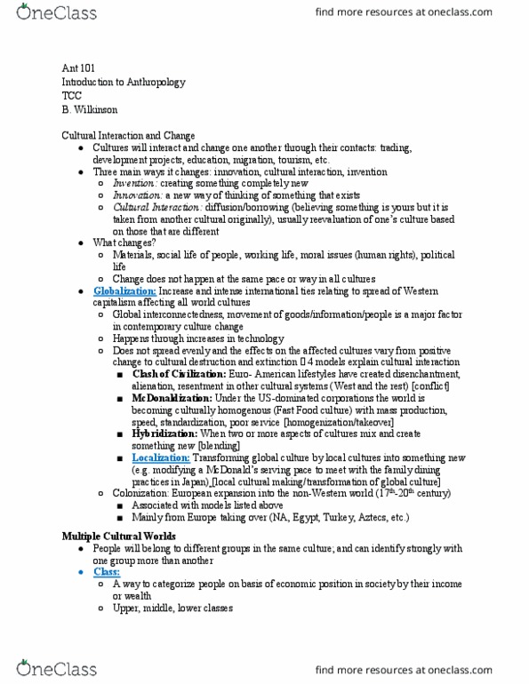 ANT 101 Lecture Notes - Lecture 11: Mcdonaldization, Class Conflict thumbnail