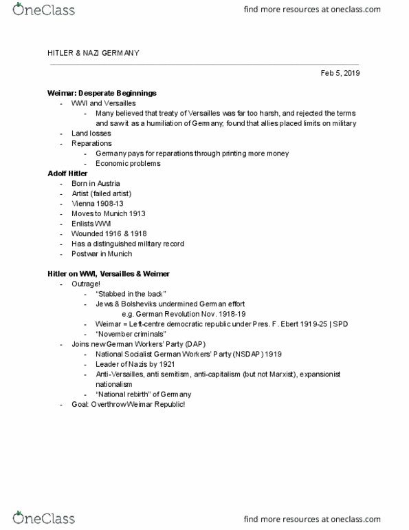 HI109 Lecture Notes - Lecture 8: Nuremberg Rally, Magnus Hirschfeld, Dawes Plan thumbnail