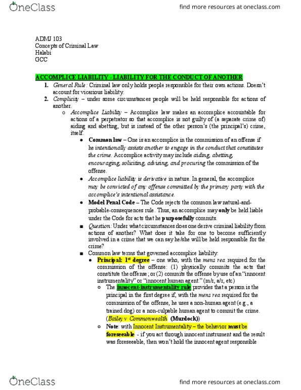ADMJ 103 Lecture Notes - Lecture 28: Model Penal Code, Mens Rea thumbnail
