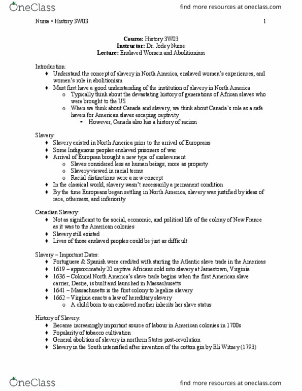 HISTORY 3W03 Lecture Notes - Lecture 6: Elizabeth Cady Stanton, Black Canadians, Louisa May Alcott thumbnail