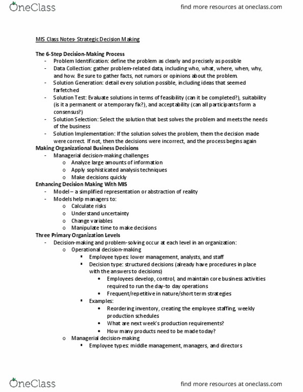 MIS 303 Lecture Notes - Lecture 4: Business Intelligence, Decision Support System, Operations Support System thumbnail