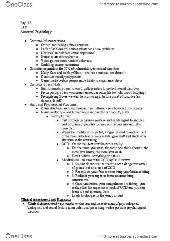 PSYCH 115 Lecture Notes - Lecture 6: Psychological Testing, Psy, Dsm-5 thumbnail