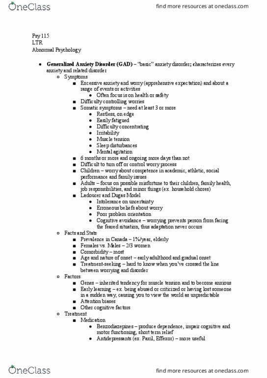 PSYCH 115 Lecture Notes - Lecture 12: Generalized Anxiety Disorder, Venlafaxine, Anxiety Disorder thumbnail