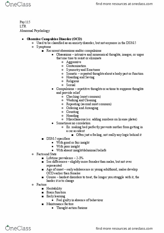 PSYCH 115 Lecture Notes - Lecture 15: Obsessive–Compulsive Disorder, Thought Suppression, Dsm-5 thumbnail