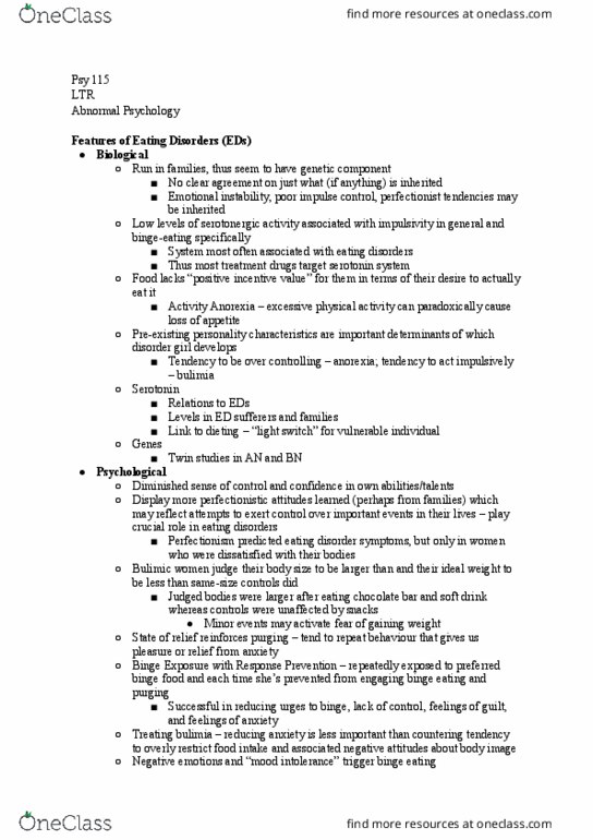 PSYCH 115 Lecture Notes - Lecture 27: Binge Eating, Eating Disorder, Bulimia Nervosa thumbnail