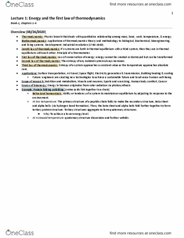 BME 599 Lecture Notes - Lecture 1: Alpha Helix, Beta Sheet, Bioenergy thumbnail